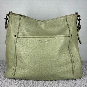 American Leather Co Purse Leather Shoulder Bag Austin Tooled Embossed Green